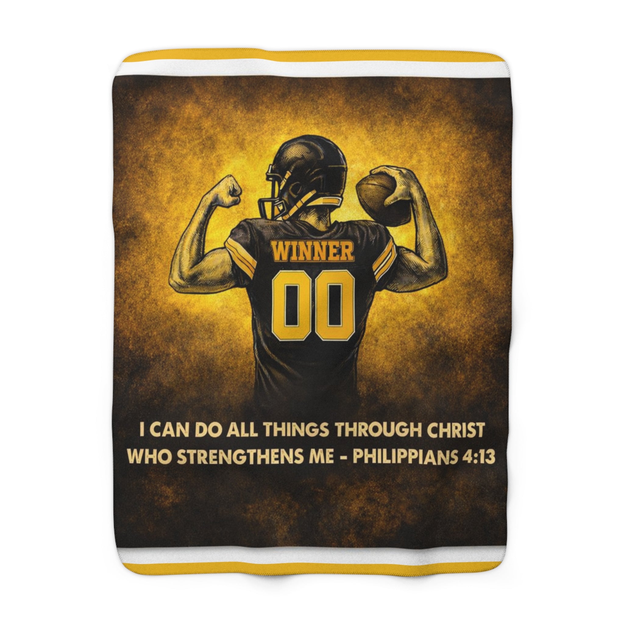 Christian Football Blanket – Black & Gold Faith Throw | Philippians 4:13 Scripture | Midwest Football Home Decor Gift