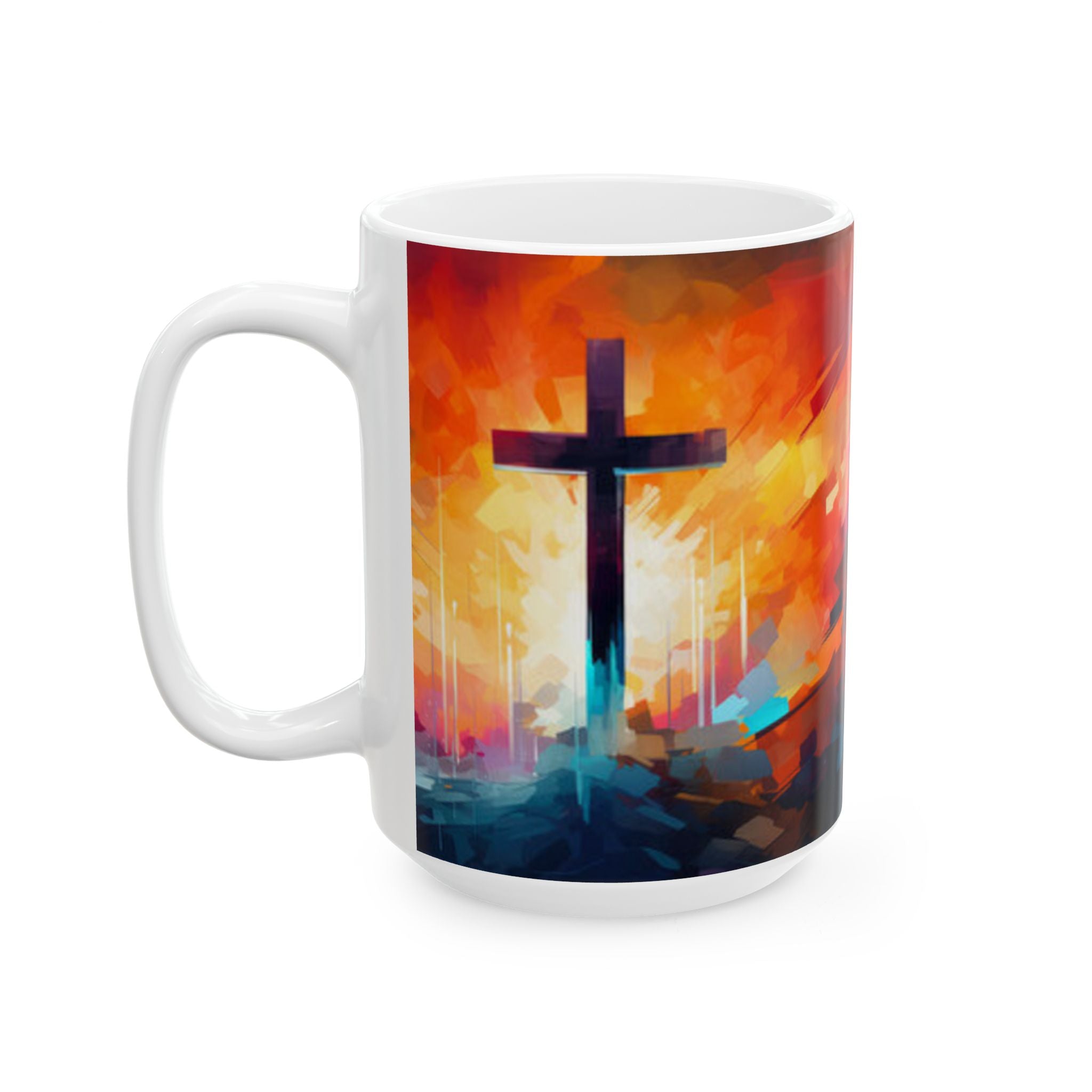 Christian Coffee Mug with Cross – Inspirational Abstract Faith Design | Gift for Believers