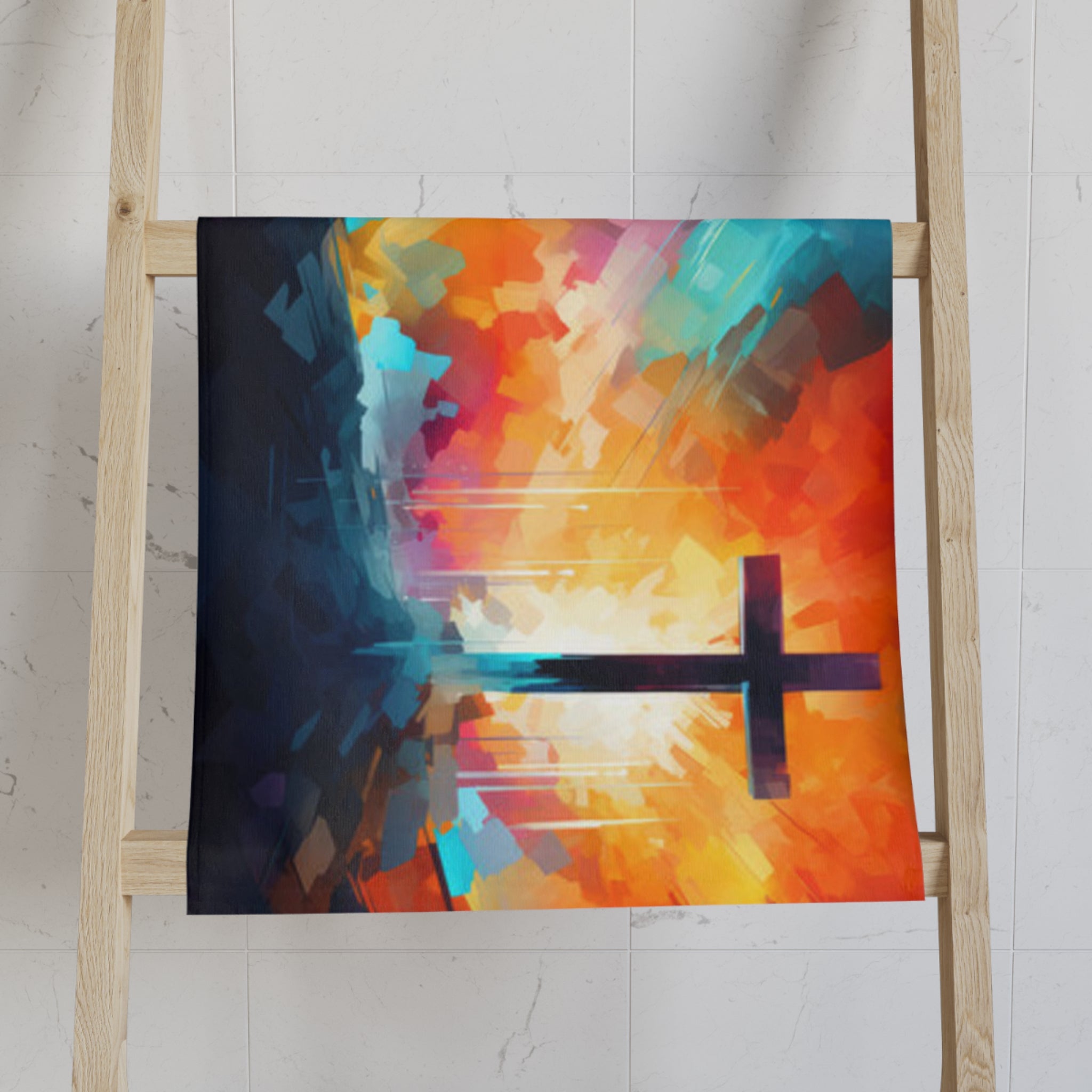 Christian Hand Towel with Cross – Abstract Colorful Faith-Inspired Bathroom Decor