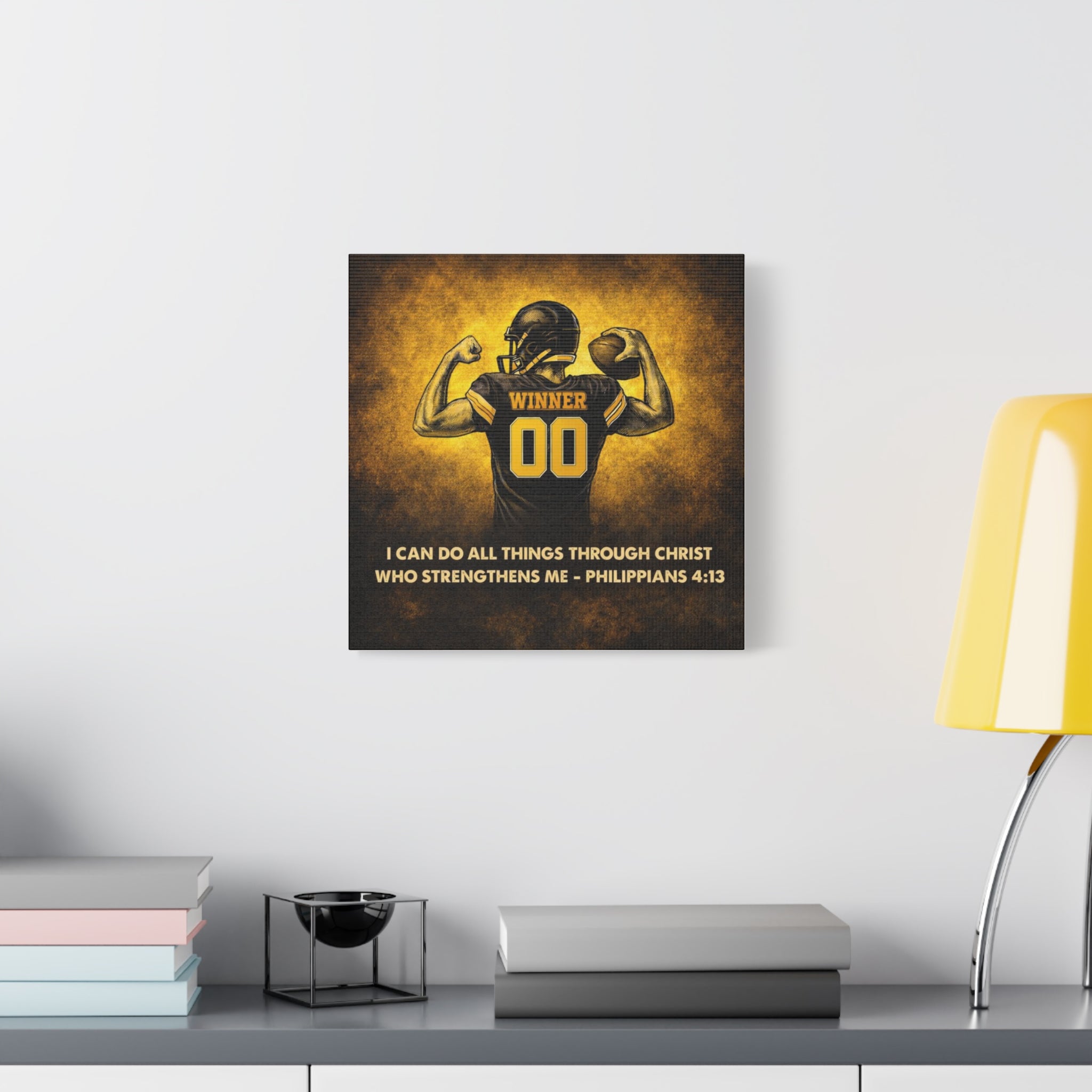 Christian Football Wall Art Canvas – Black & Gold Faith Decor | Philippians 4:13 Scripture | Midwest Football Home Art