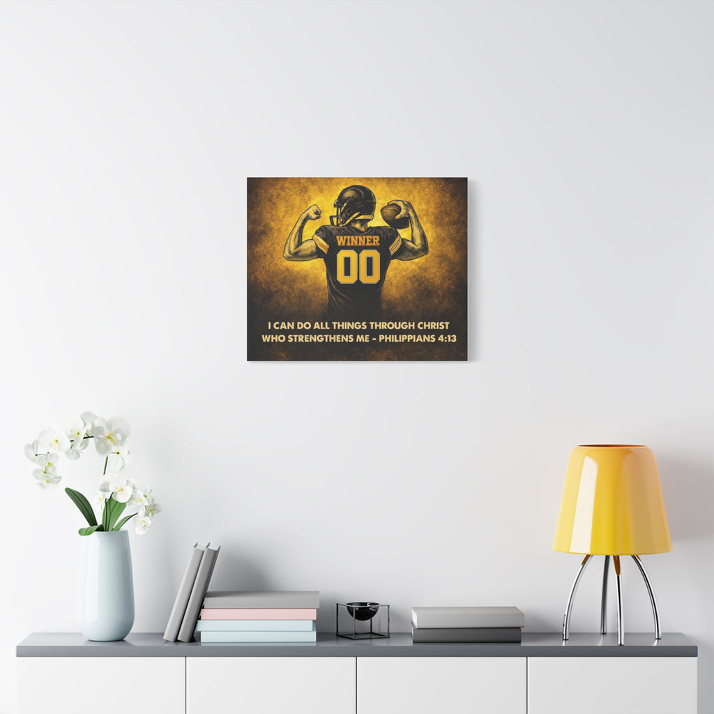 Christian Football Wall Art Canvas – Black & Gold Faith Decor | Philippians 4:13 Scripture | Midwest Football Home Art