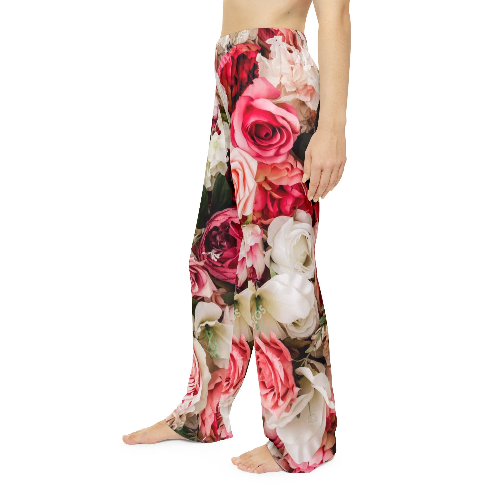 Christian Pink Rose Floral Sweat pants with Copper Cross – Faith-Inspired Cozy Women’s Loungewear