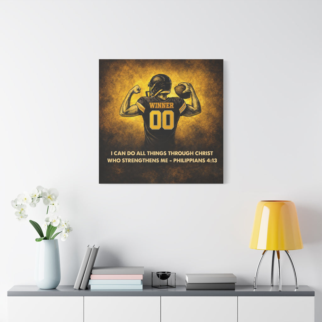 Christian Football Wall Art Canvas – Black & Gold Faith Decor | Philippians 4:13 Scripture | Midwest Football Home Art
