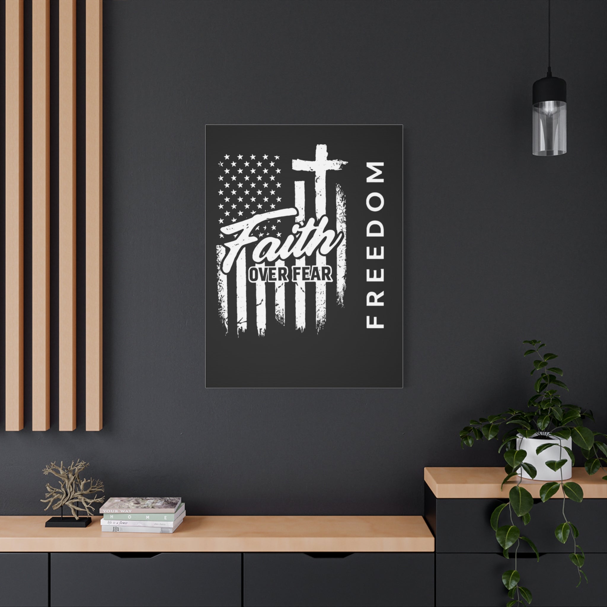 Faith Over Fear Freedom Canvas Wall Art – Christian American Flag Cross Decor for Home, Office, or Church