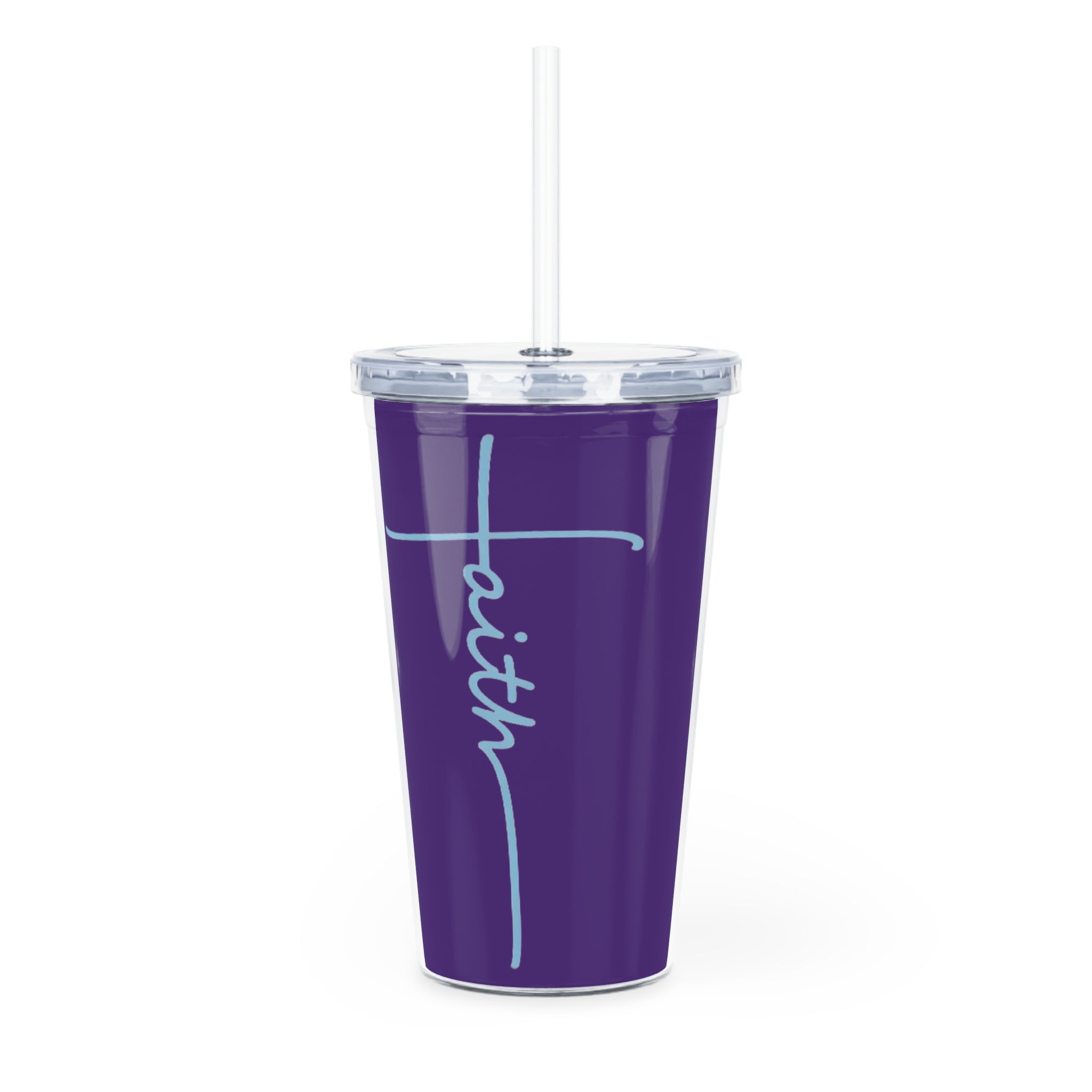Faith Plastic Tumbler with Straw – 16oz Purple Christian Travel Cup with Baby Blue Cross Design