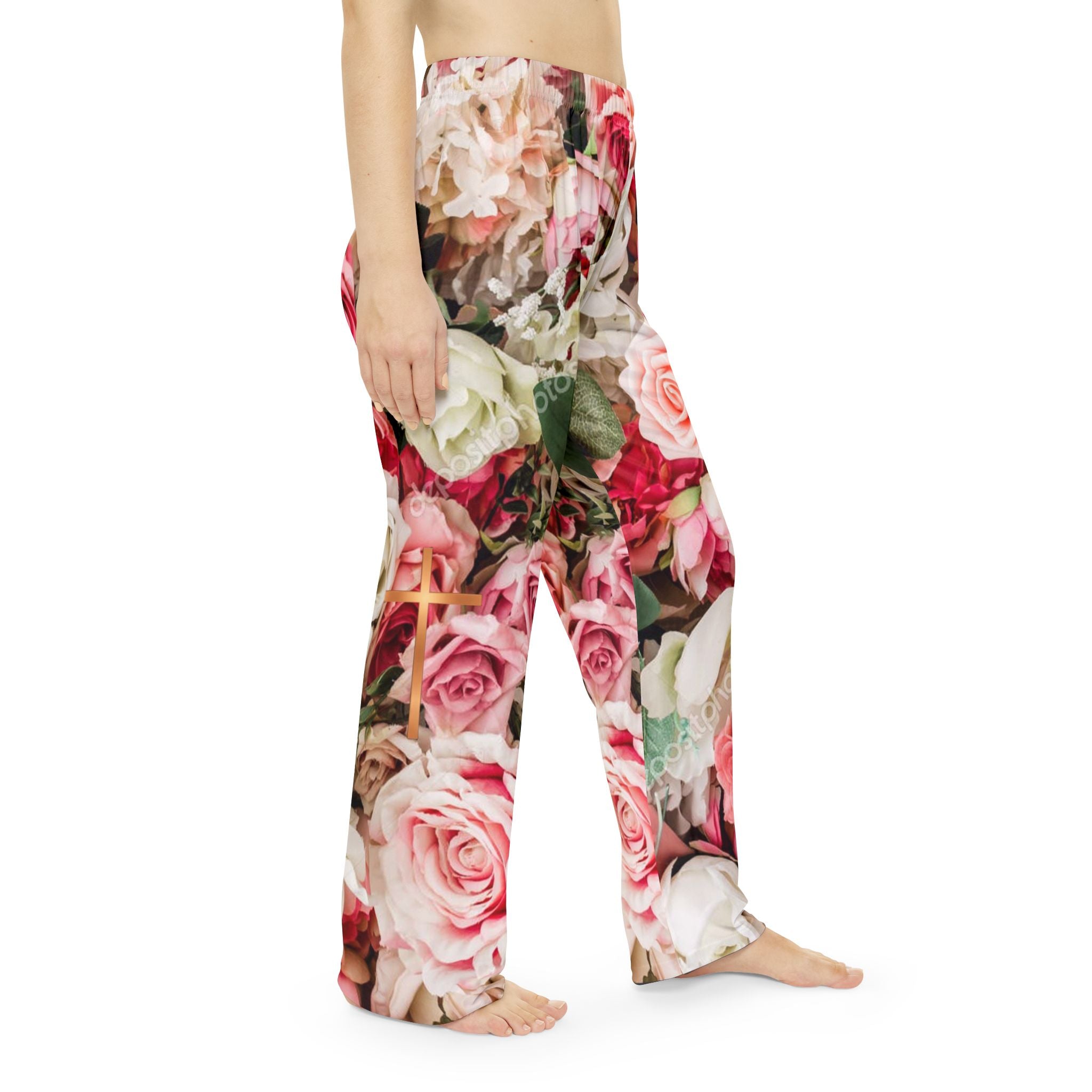Christian Pink Rose Floral Sweat pants with Copper Cross – Faith-Inspired Cozy Women’s Loungewear