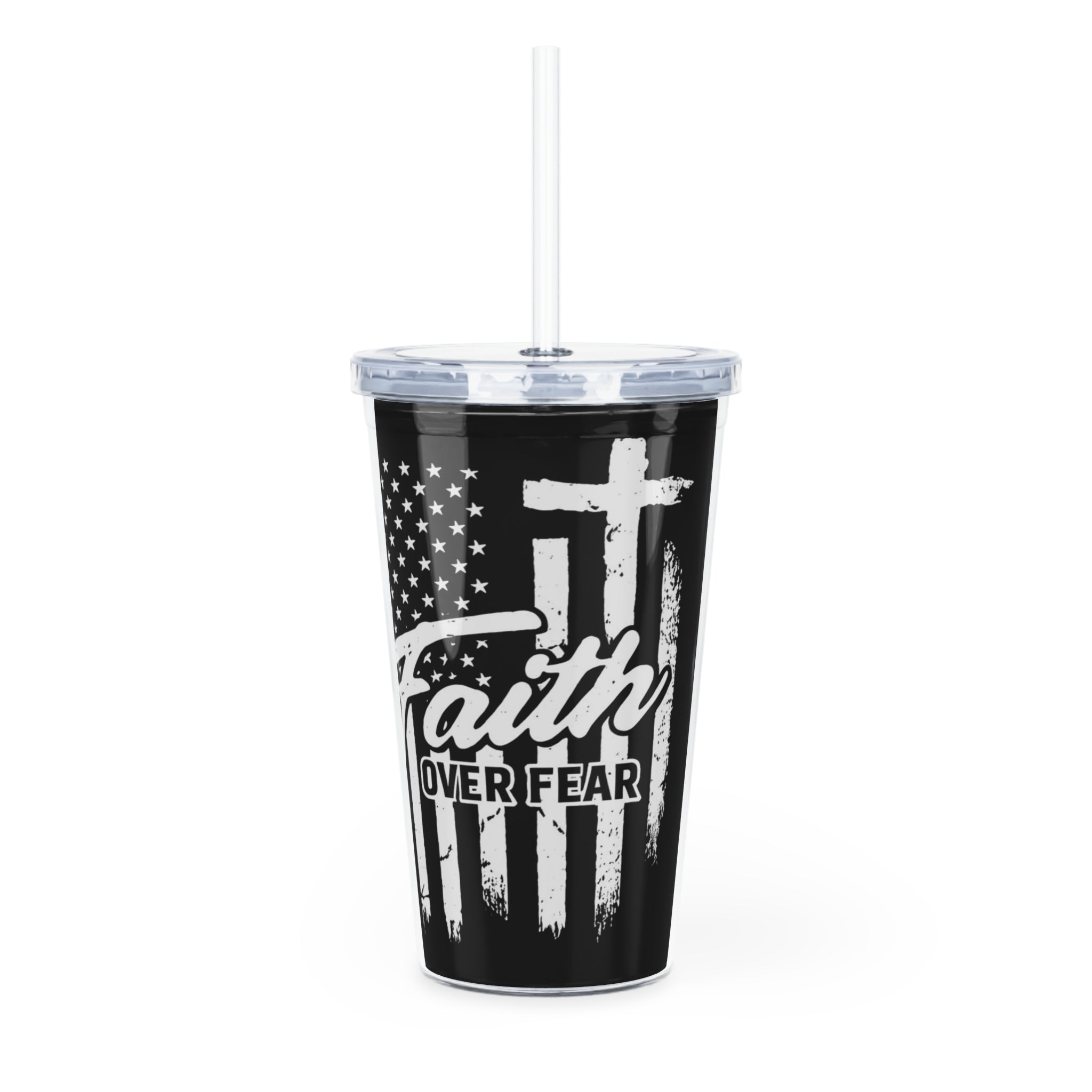 Faith Over Fear Plastic Tumbler – Christian Cup with Straw, Cross & American Flag Design, 20oz Reusable Drinkware