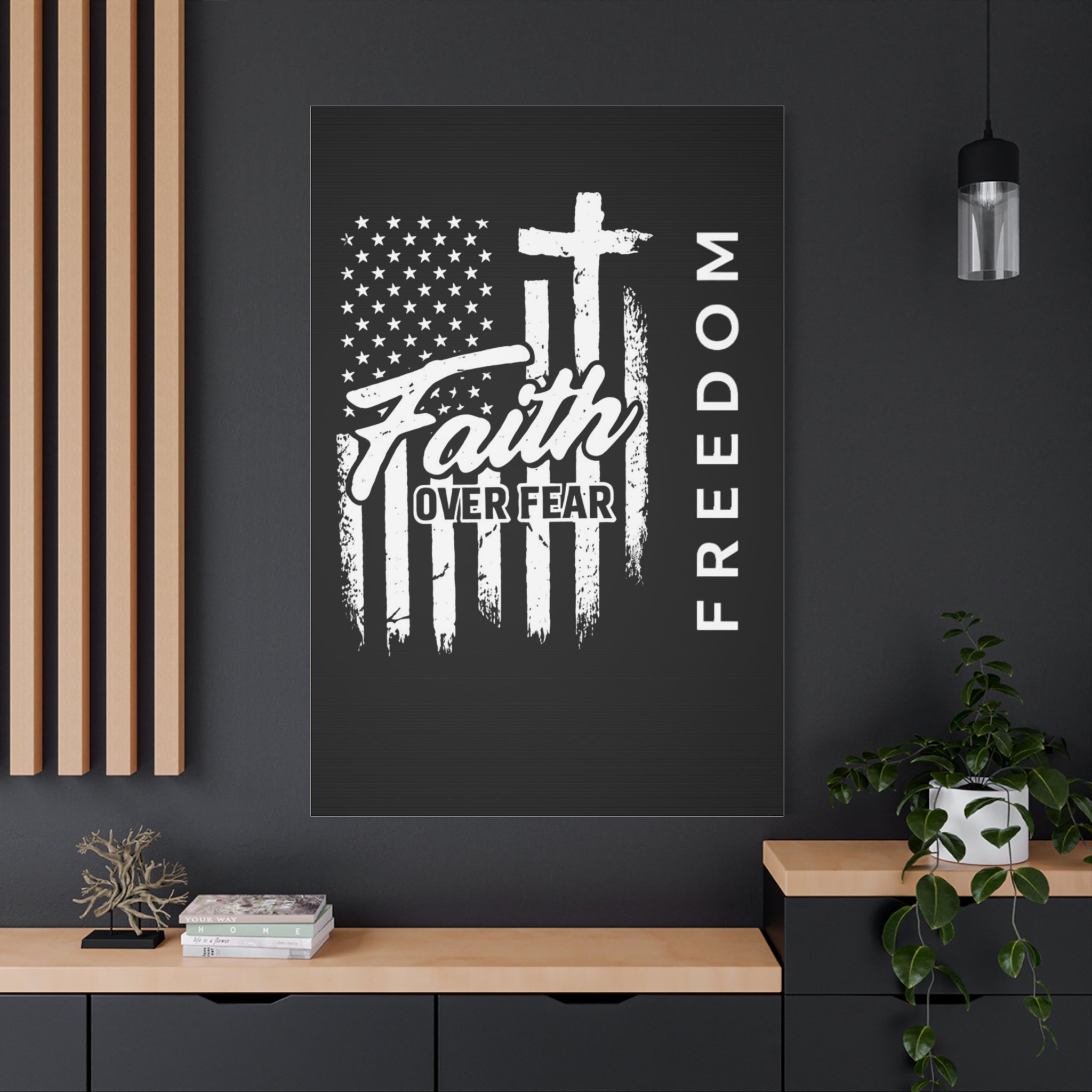 Faith Over Fear Freedom Canvas Wall Art – Christian American Flag Cross Decor for Home, Office, or Church