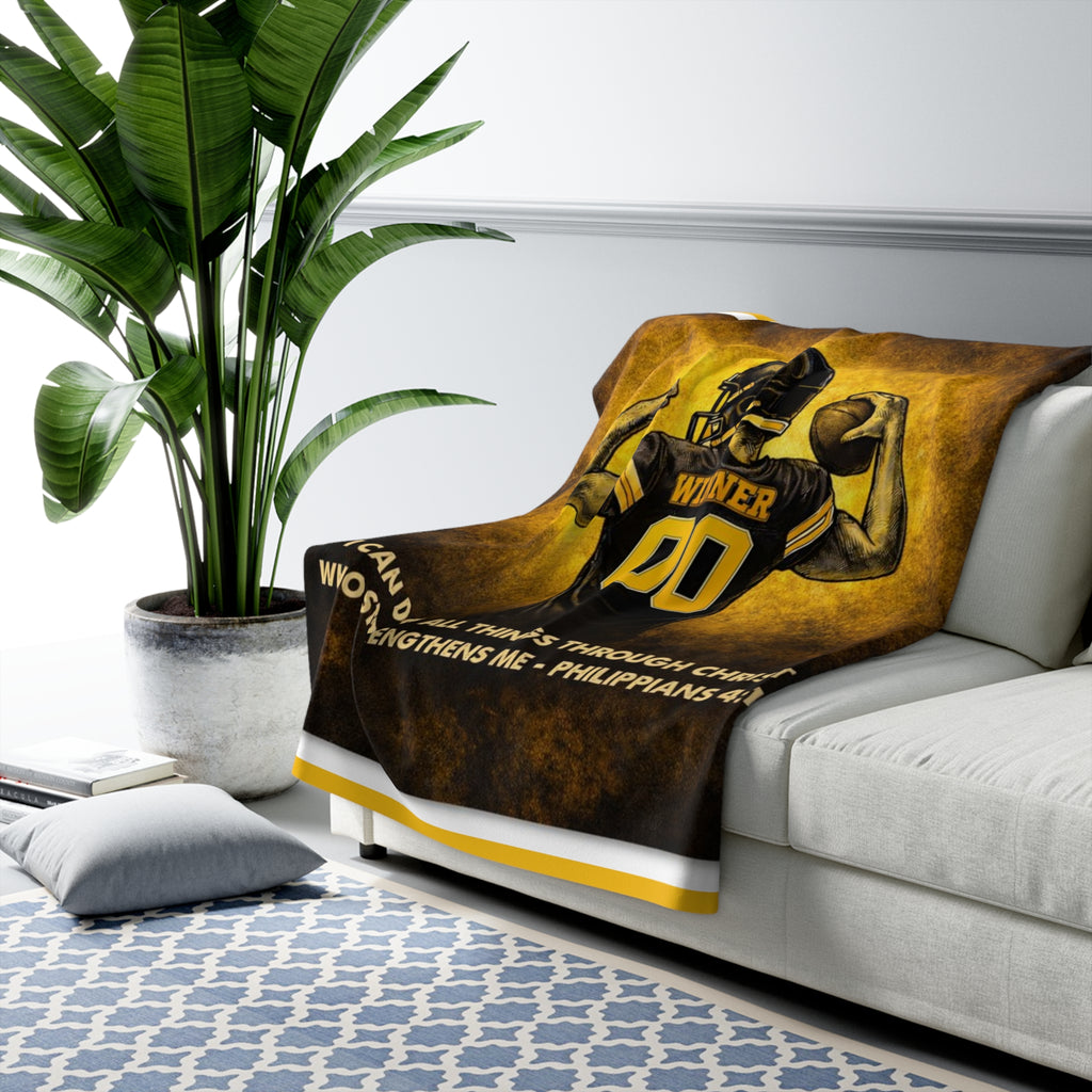 Christian Football Blanket – Black & Gold Faith Throw | Philippians 4:13 Scripture | Midwest Football Home Decor Gift