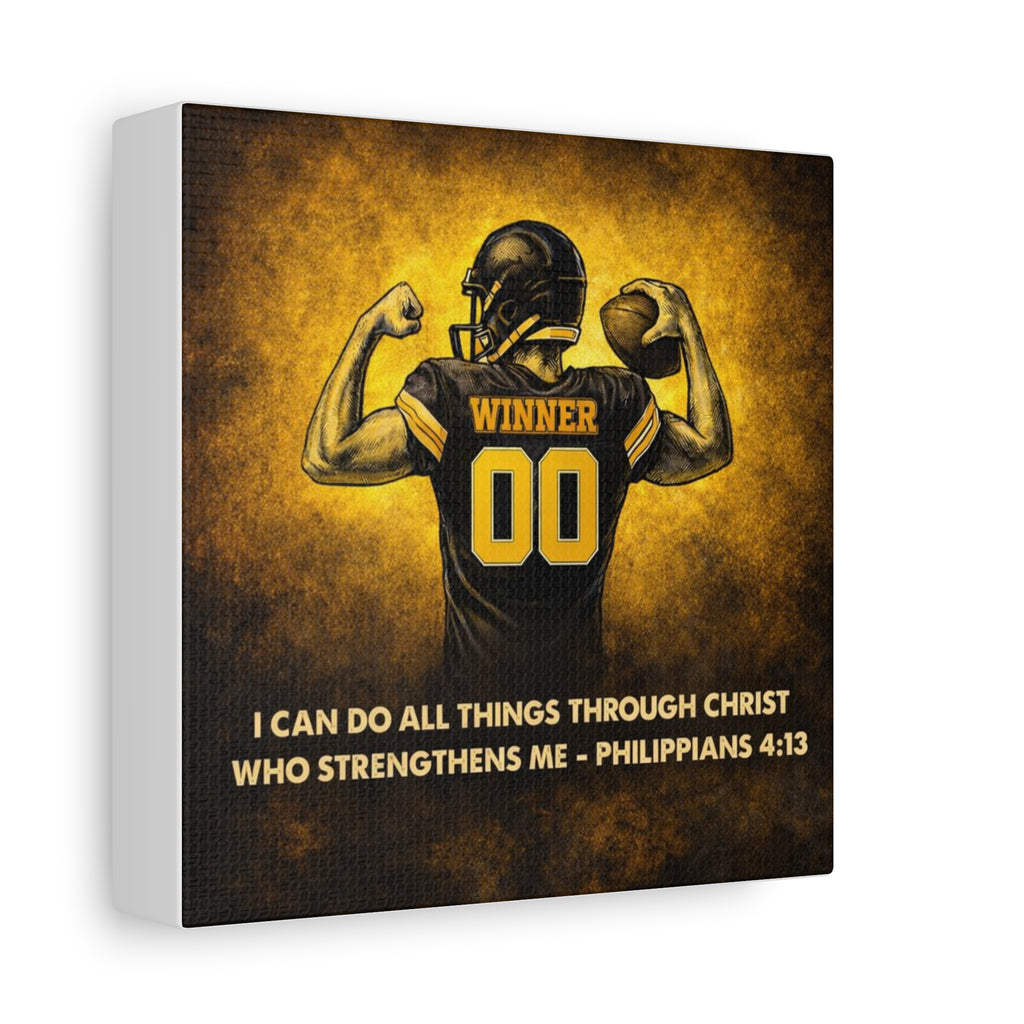 Christian Football Wall Art Canvas – Black & Gold Faith Decor | Philippians 4:13 Scripture | Midwest Football Home Art