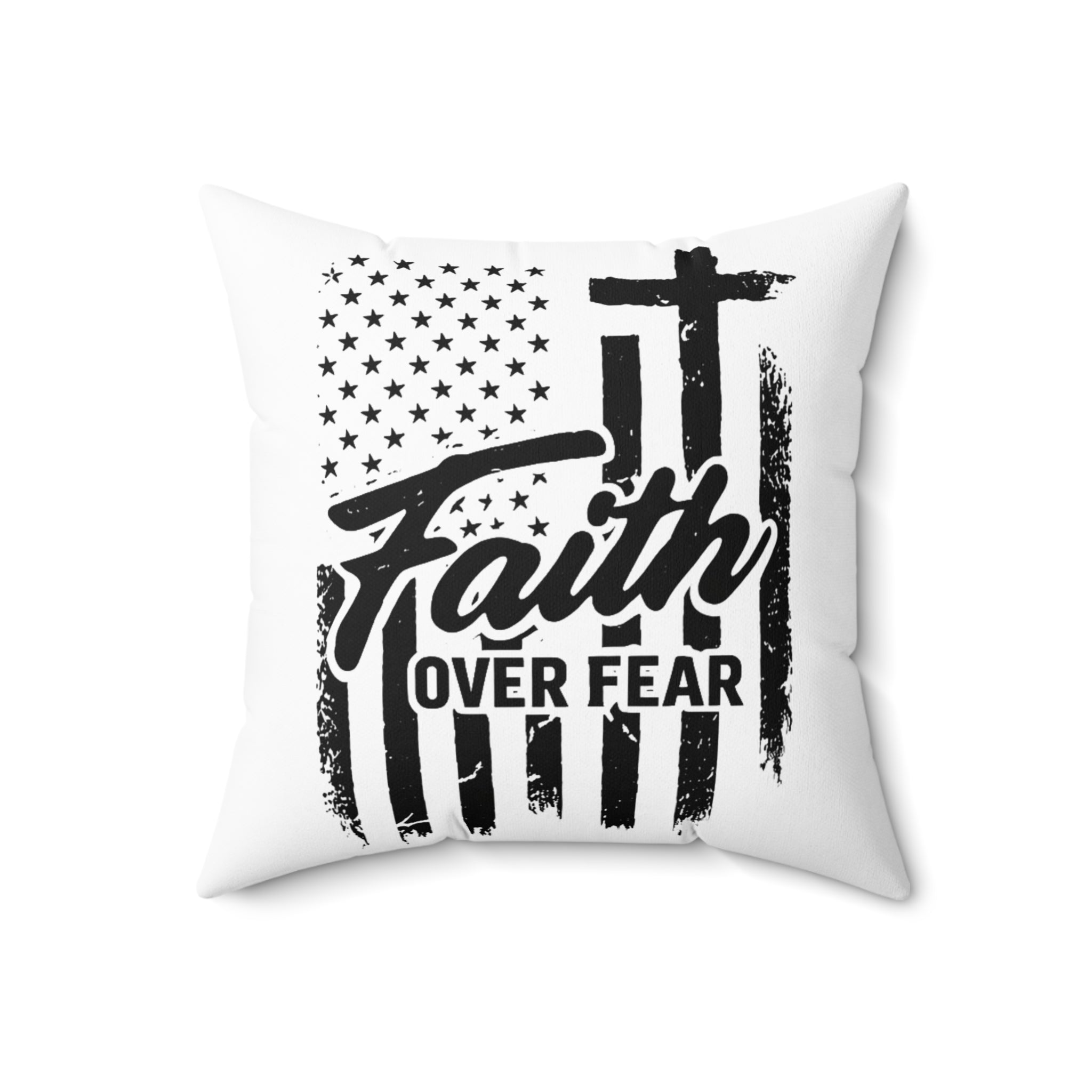Faith Over Fear Throw Pillow – Christian Home Decor | Patriotic Flag & Cross Design