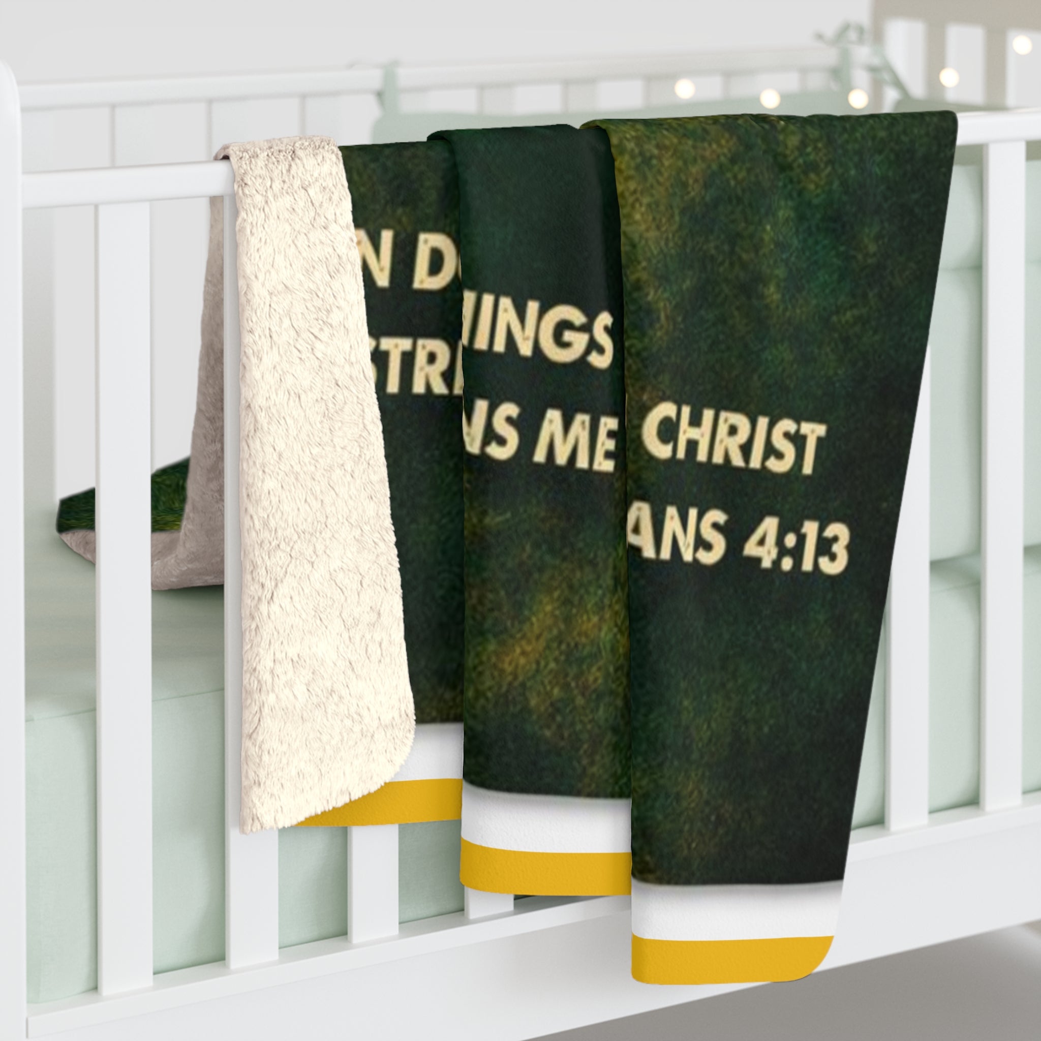 Christian Sherpa Football Blanket | Philippians 4:13 Scripture Throw | Green & Gold Faith-Inspired Blanket | Cozy Game Day Decor