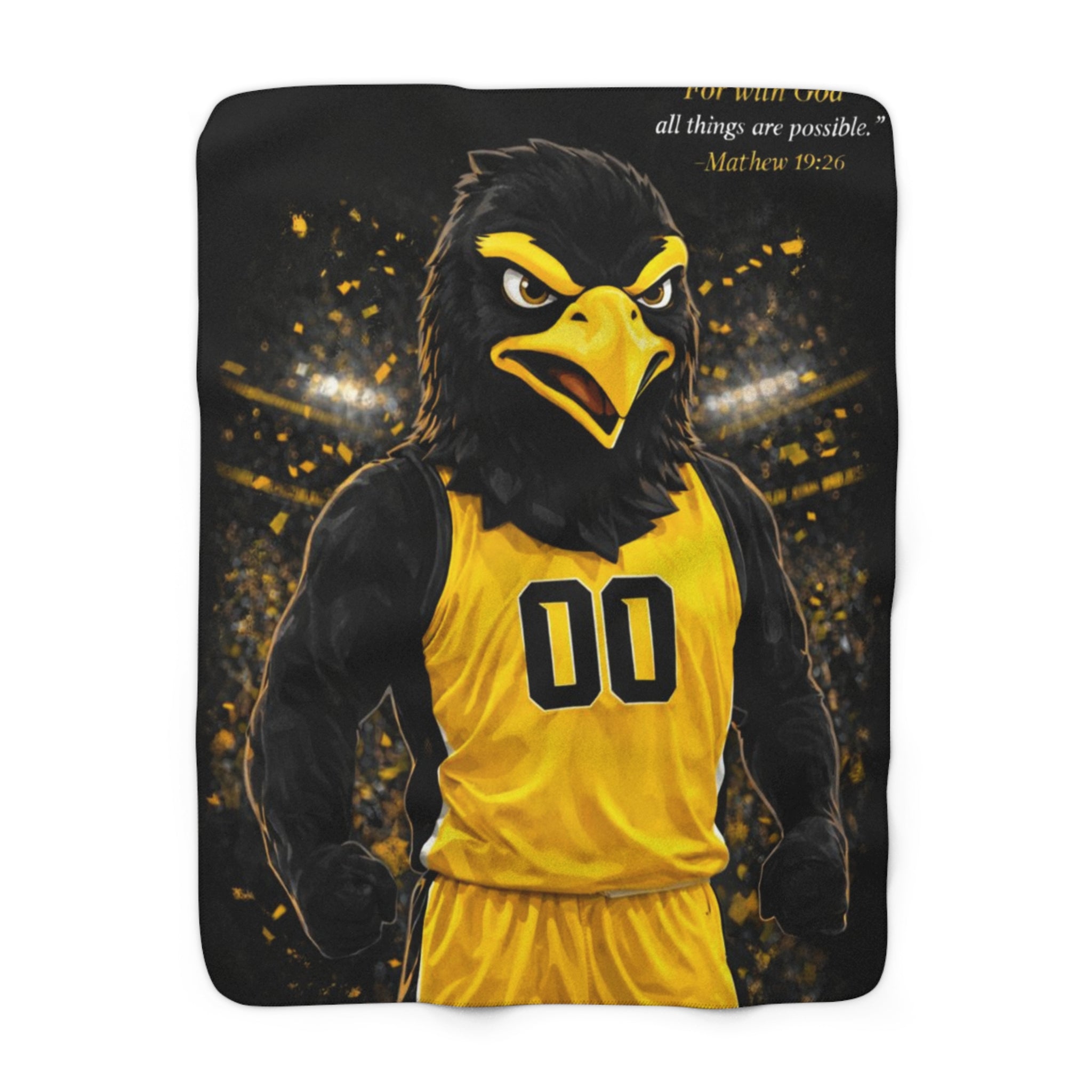 Black & Gold Basketball Sherpa Blanket – Faith-Inspired Sports Throw with Matthew 19:26 Scripture