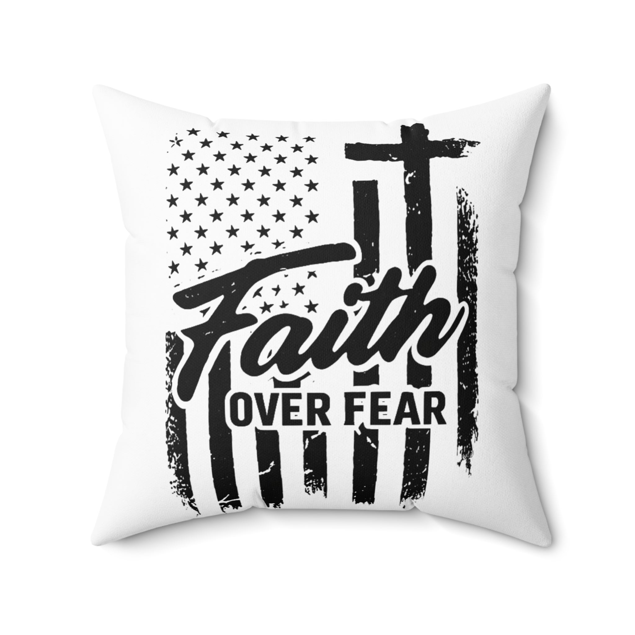 Faith Over Fear Throw Pillow – Christian Home Decor | Patriotic Flag & Cross Design