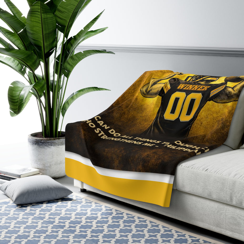 Christian Football Blanket – Black & Gold Faith Throw | Philippians 4:13 Scripture | Midwest Football Home Decor Gift