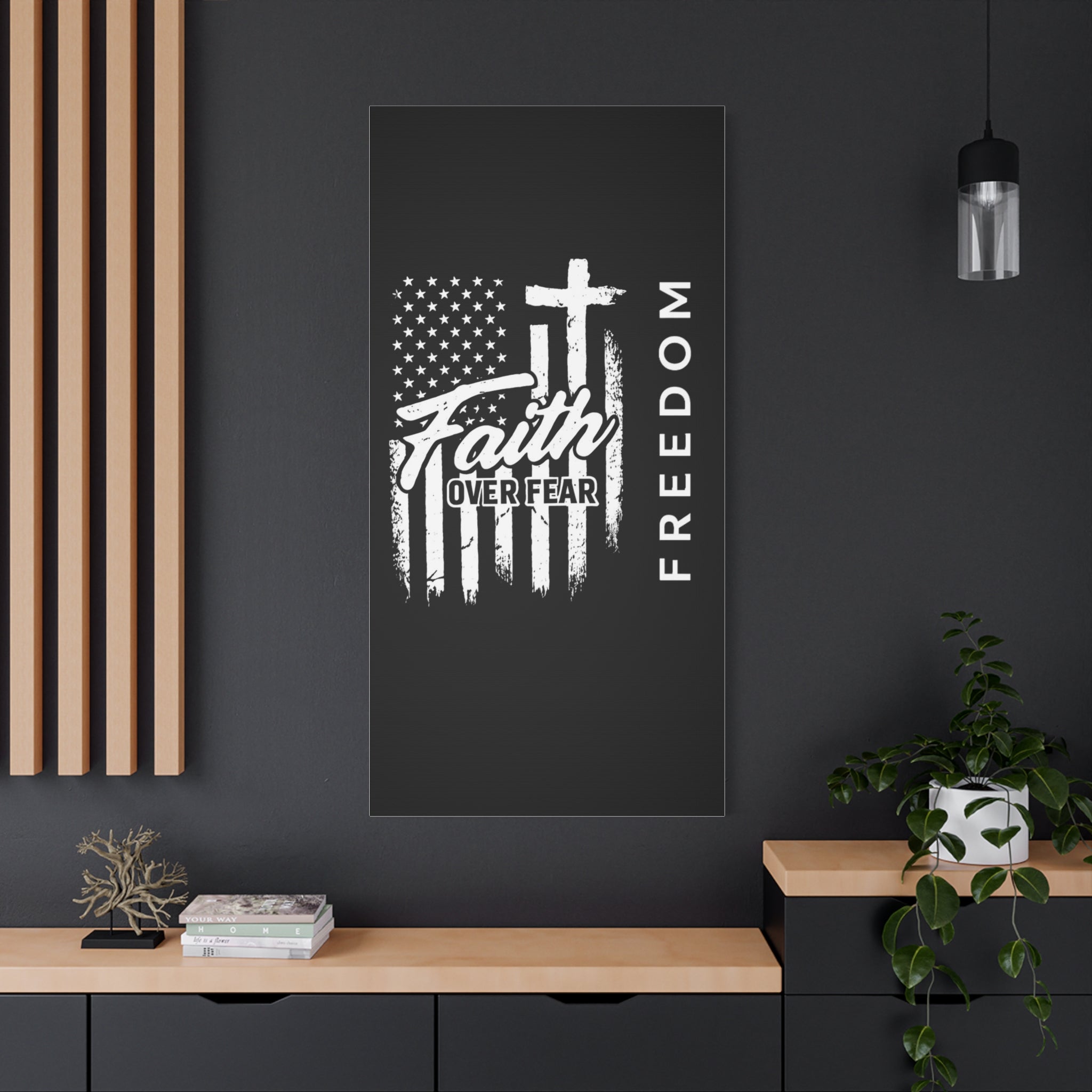 Faith Over Fear Freedom Canvas Wall Art – Christian American Flag Cross Decor for Home, Office, or Church