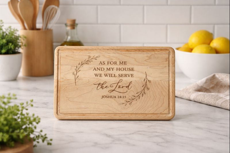 Personalized Christian Engraved Cutting Board – “As For Me and My House” Joshua 24:15 | Custom Faith-Based Kitchen Gift