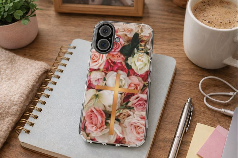 Christian Floral iPhone Case with Cross – Rose Flower Faith Phone Cover | Protective Inspirational iPhone Case