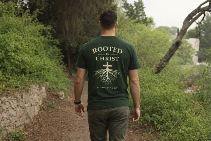 Rooted in Christ Christian T-Shirt – Colossians 2:7 Faith-Based Graphic Tee | Inspirational Christian Apparel