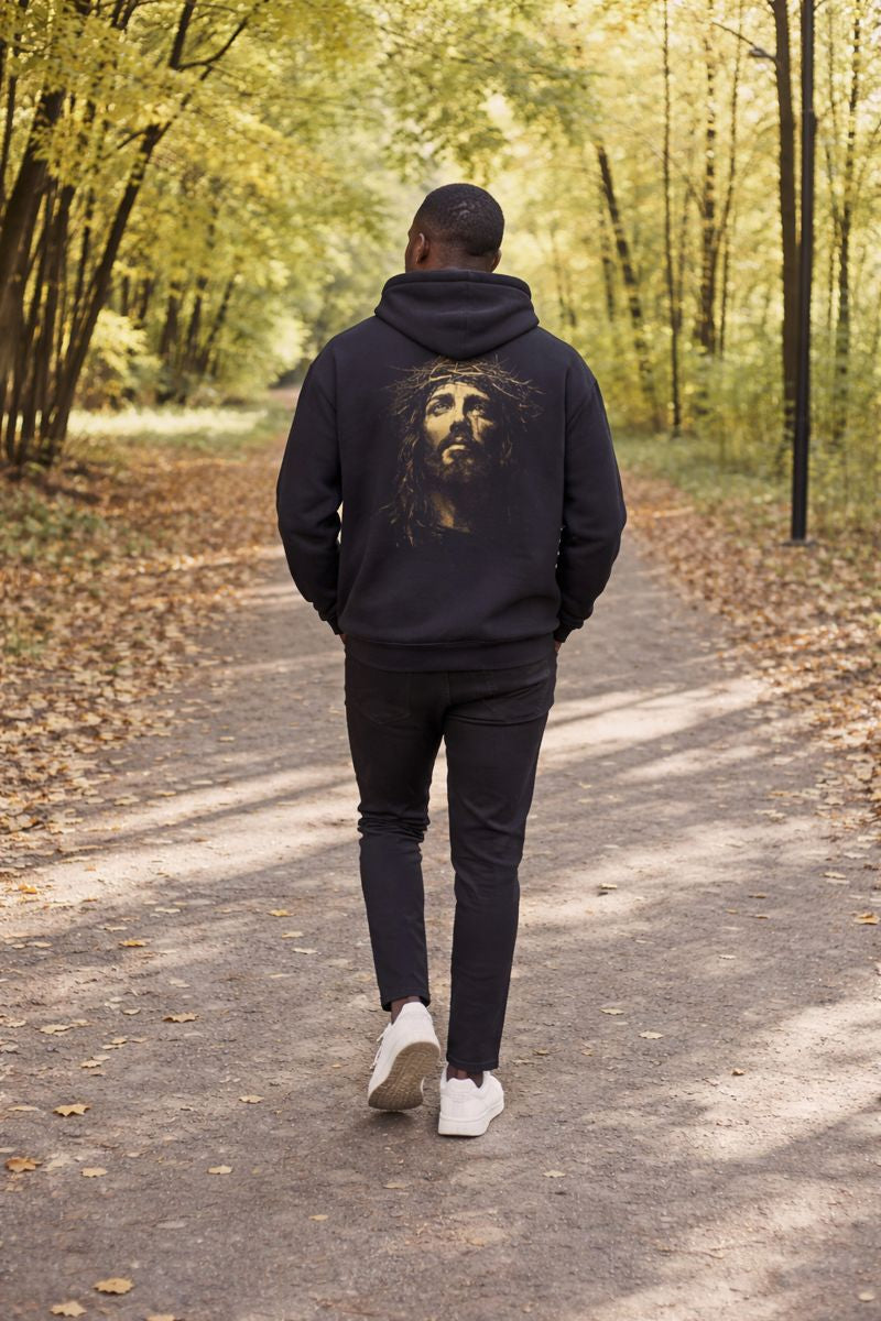 Christian Hoodie with Jesus Portrait Back Graphic – Faith-Based Unisex Sweatshirt | Inspirational Religious Apparel
