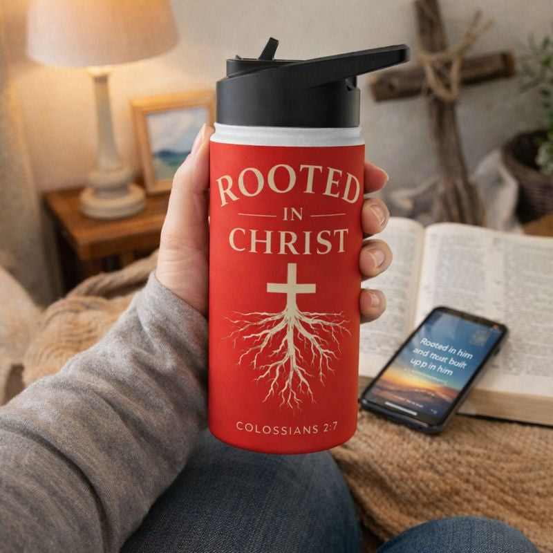 Rooted in Christ Christian Water Bottle – Colossians 2:7 Faith-Based Stainless Steel Tumbler, Inspirational Scripture Drinkware