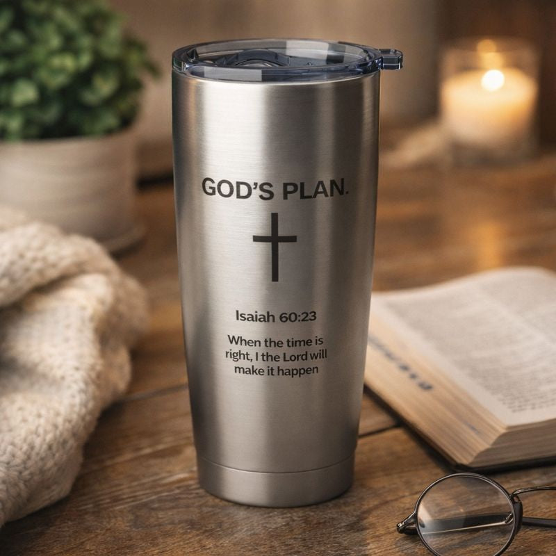 God’s Plan Christian Coffee Tumbler – Isaiah 60:23 Scripture Stainless Steel Travel Cup with Cross | Faith-Inspired Gift