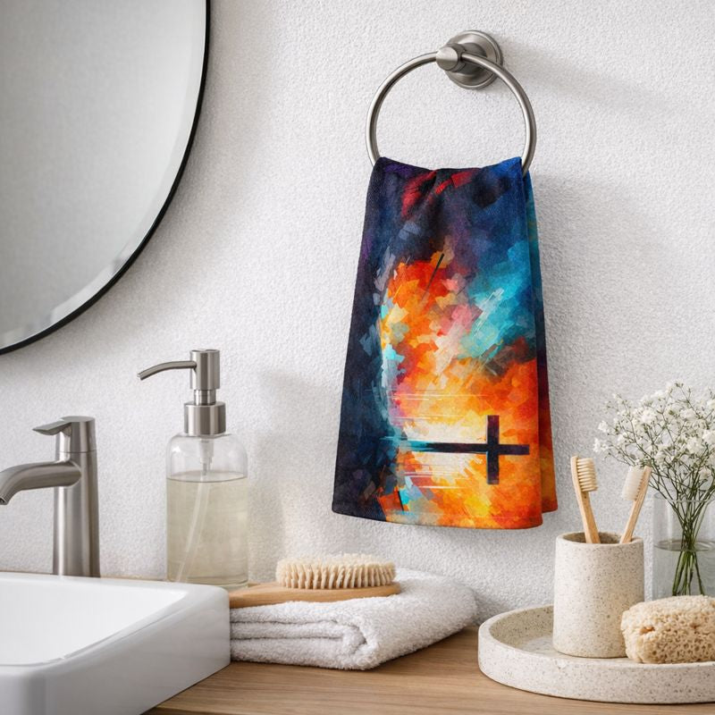 Christian Hand Towel with Cross – Abstract Colorful Faith-Inspired Bathroom Decor