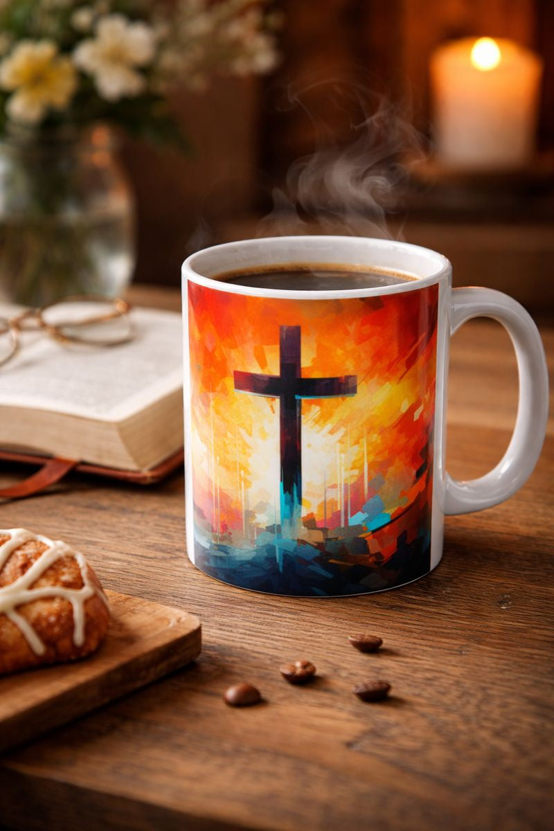 Christian Coffee Mug with Cross – Inspirational Abstract Faith Design | Gift for Believers