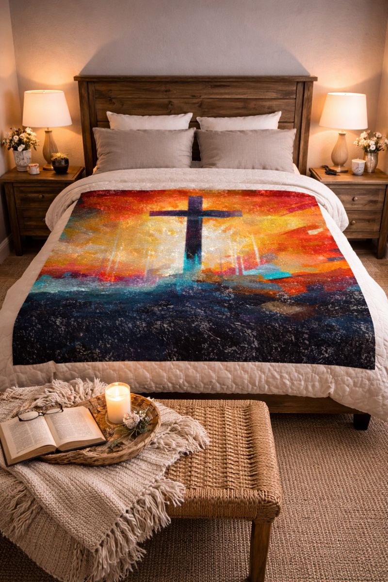 Vibrant Cross Christian Blanket – Faith-Based Bedding, Inspirational Throw for Bedroom or Living Room