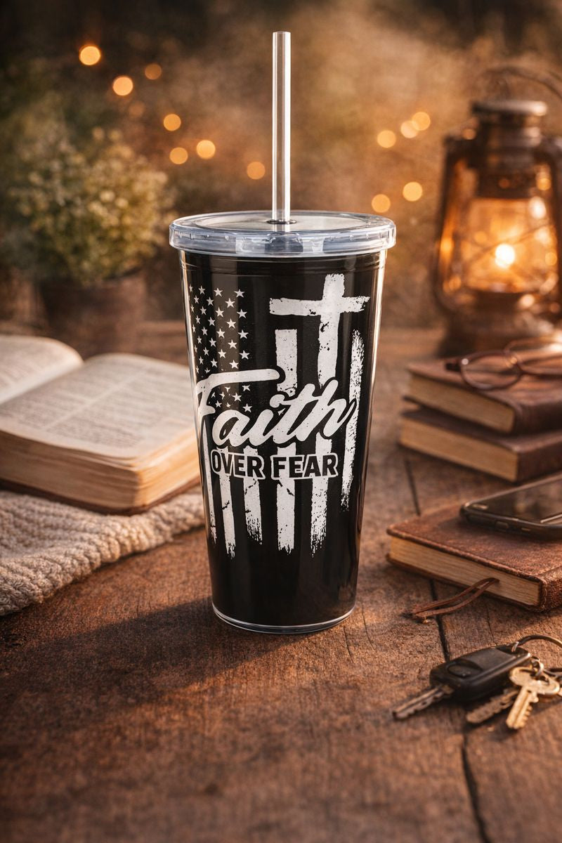 Faith Over Fear Plastic Tumbler – Christian Cup with Straw, Cross & American Flag Design, 20oz Reusable Drinkware