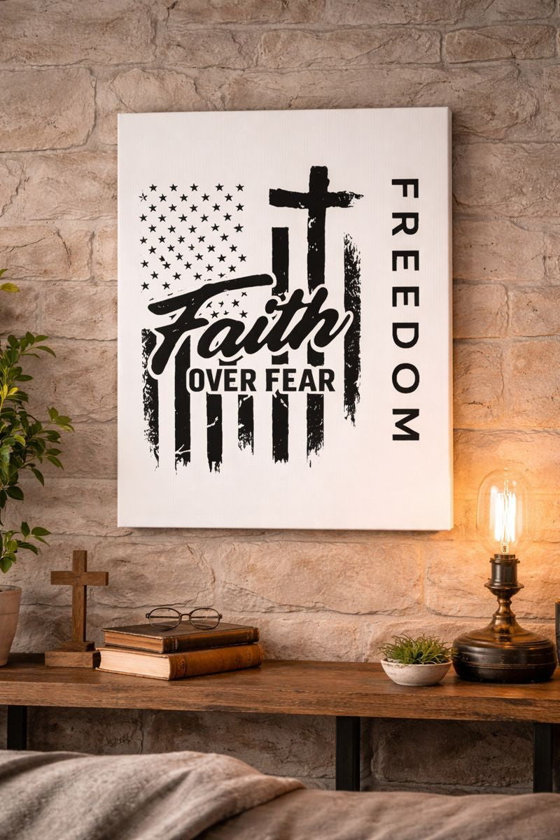 Faith Over Fear Canvas Wall Art – Christian American Flag with Cross & "FREEDOM" Design, Inspirational Home Decor