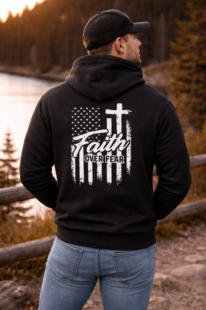 Freedom Faith Over Fear Hoodie – Christian American Flag Sweatshirt with Cross, Patriotic Religious Apparel for Men & Women