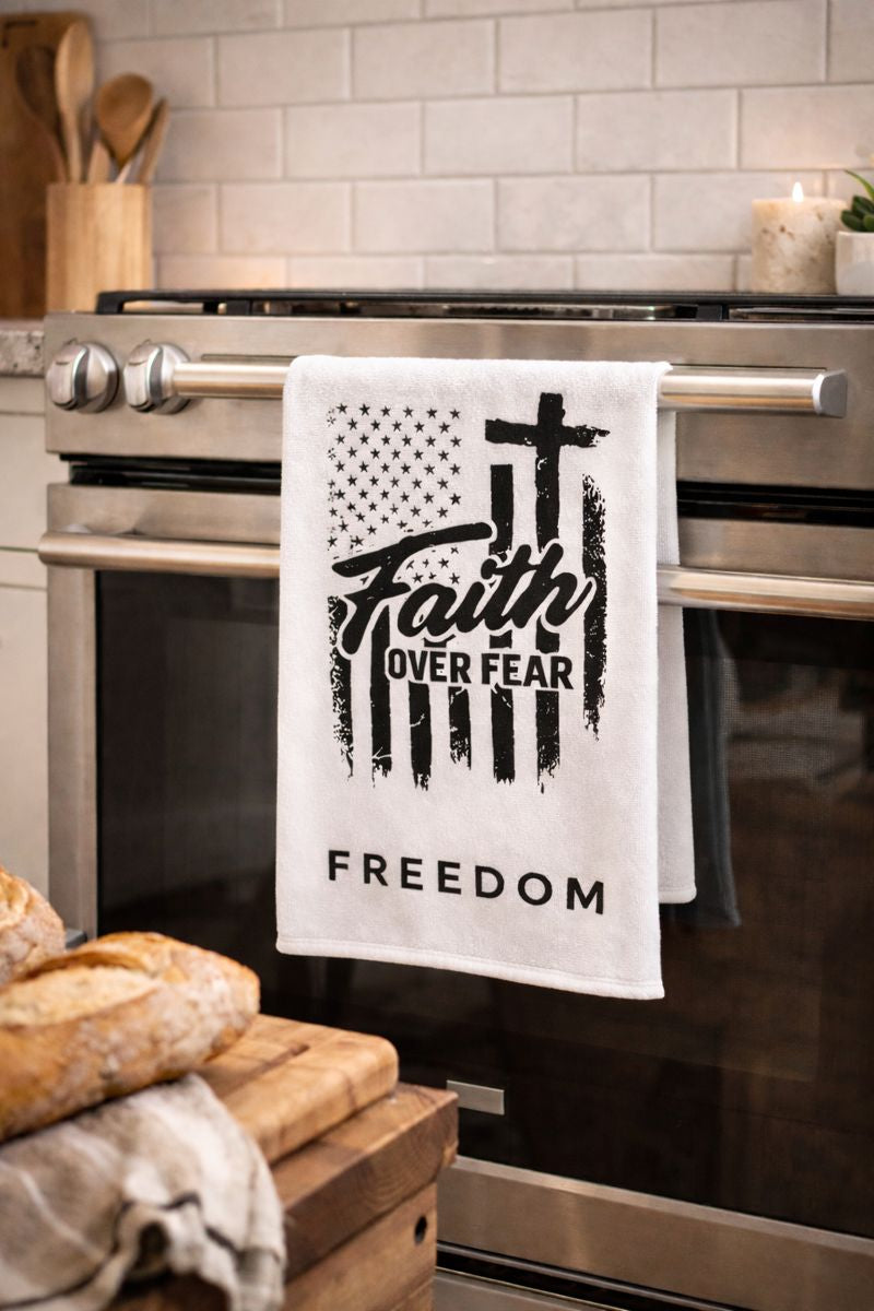 Faith Over Fear Freedom Microfiber Kitchen Towel – Christian Patriotic Hand Towel for Home or Gift