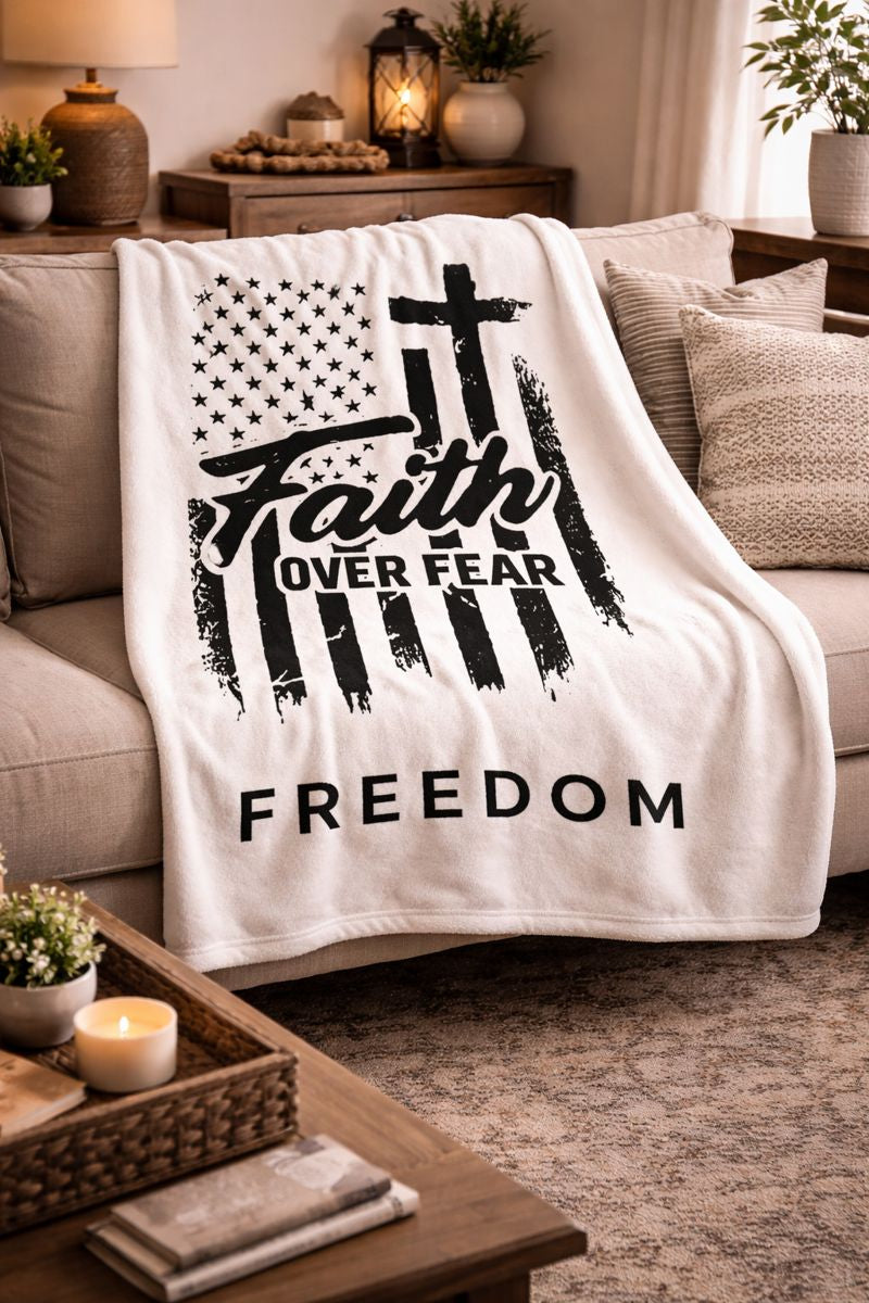 Faith Over Fear Blanket – “FREEDOM” Patriotic Christian Throw Blanket | Soft Cozy Fleece | American Flag Cross Blanket for Home, Couch & Bed