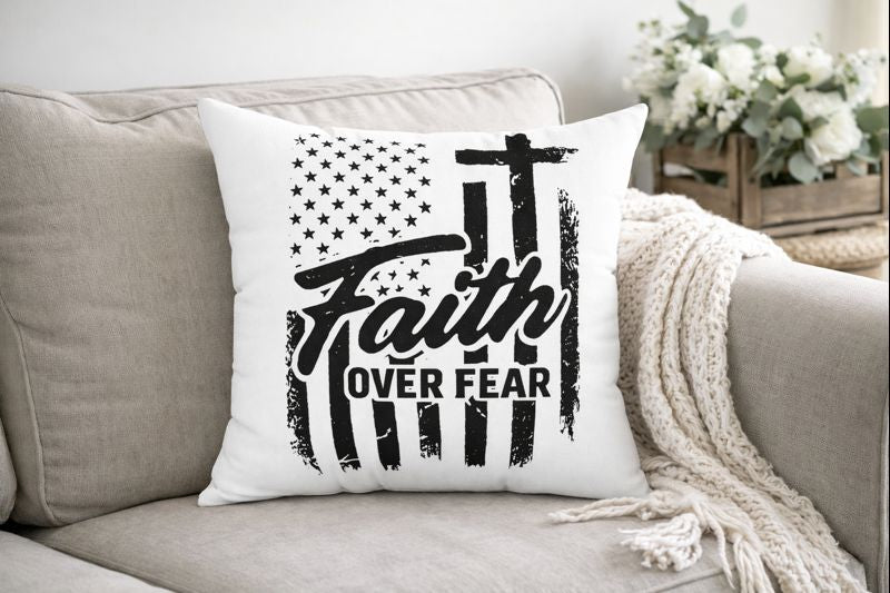 Faith Over Fear Throw Pillow – Christian Home Decor | Patriotic Flag & Cross Design