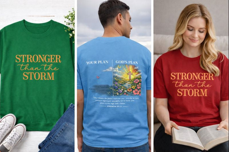 Stronger Than the Storm Christian T-Shirt – Faith Based Inspirational Shirt with God’s Plan Scripture, Unisex Christian Tee