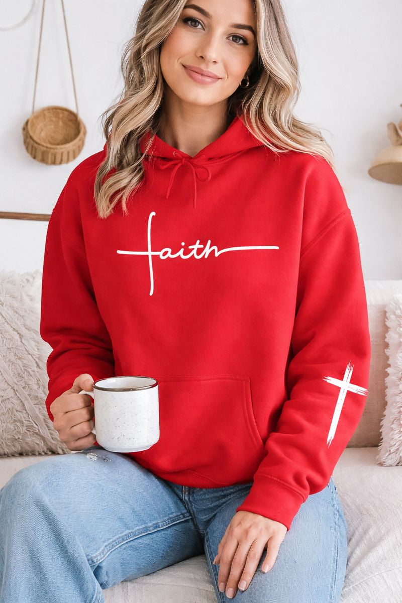 Faith Graphic Hoodie for Women – Christian POD Sweatshirt with Cross Sleeve Print (!multiple colors!)