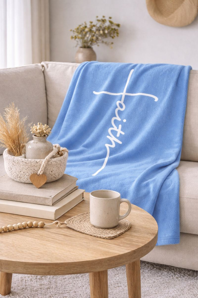 Faith Fleece Blanket – Christian Throw Blanket with Cross Script Design | Cozy Inspirational Home Decor