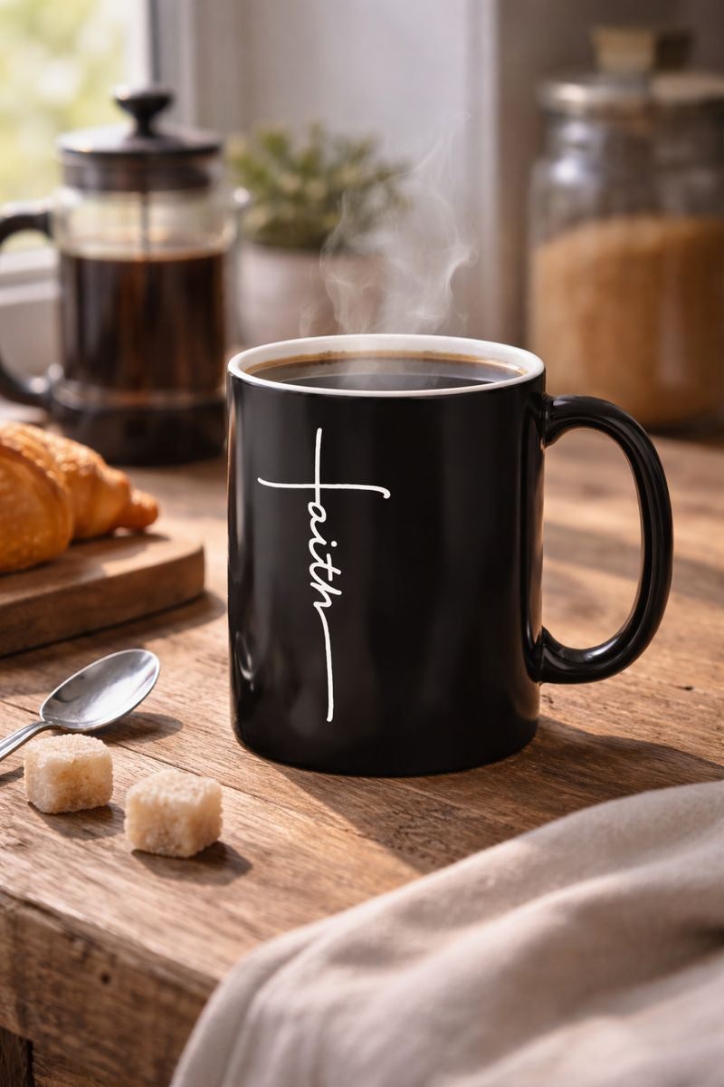 Faith Black Coffee Mug – Inspirational Christian Ceramic Cup with Cross Script Design