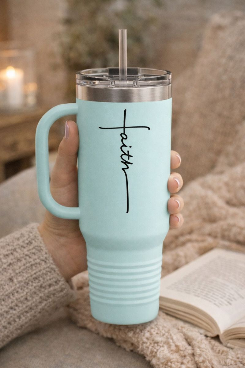 Faith Tumbler with Handle & Straw – Inspirational Travel Mug, Multiple Colors, 40 oz Stainless Steel