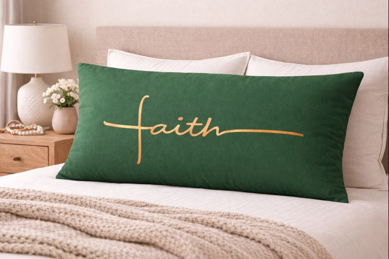 Green Lumbar Faith Pillow – 20x40 Inch Inspirational Christian Pillow with Copper Script – Decorative Bed or Sofa Cushion – Faith and Home Co