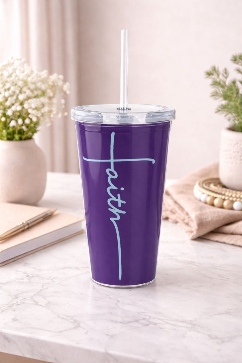 Faith Plastic Tumbler with Straw – 16oz Purple Christian Travel Cup with Baby Blue Cross Design