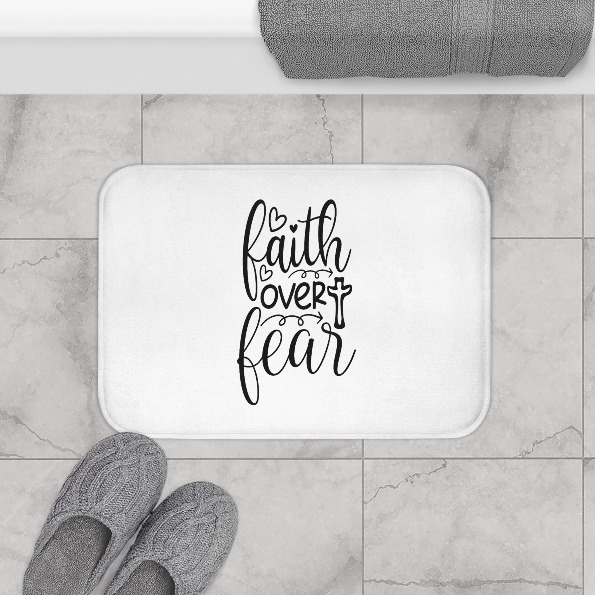 Faith Over Fear Bath Mat – Christian Bathroom Rug with Cross | Minimalist Faith Home Décor