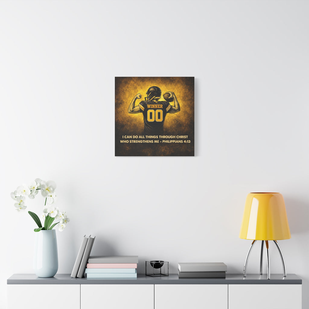 Christian Football Wall Art Canvas – Black & Gold Faith Decor | Philippians 4:13 Scripture | Midwest Football Home Art