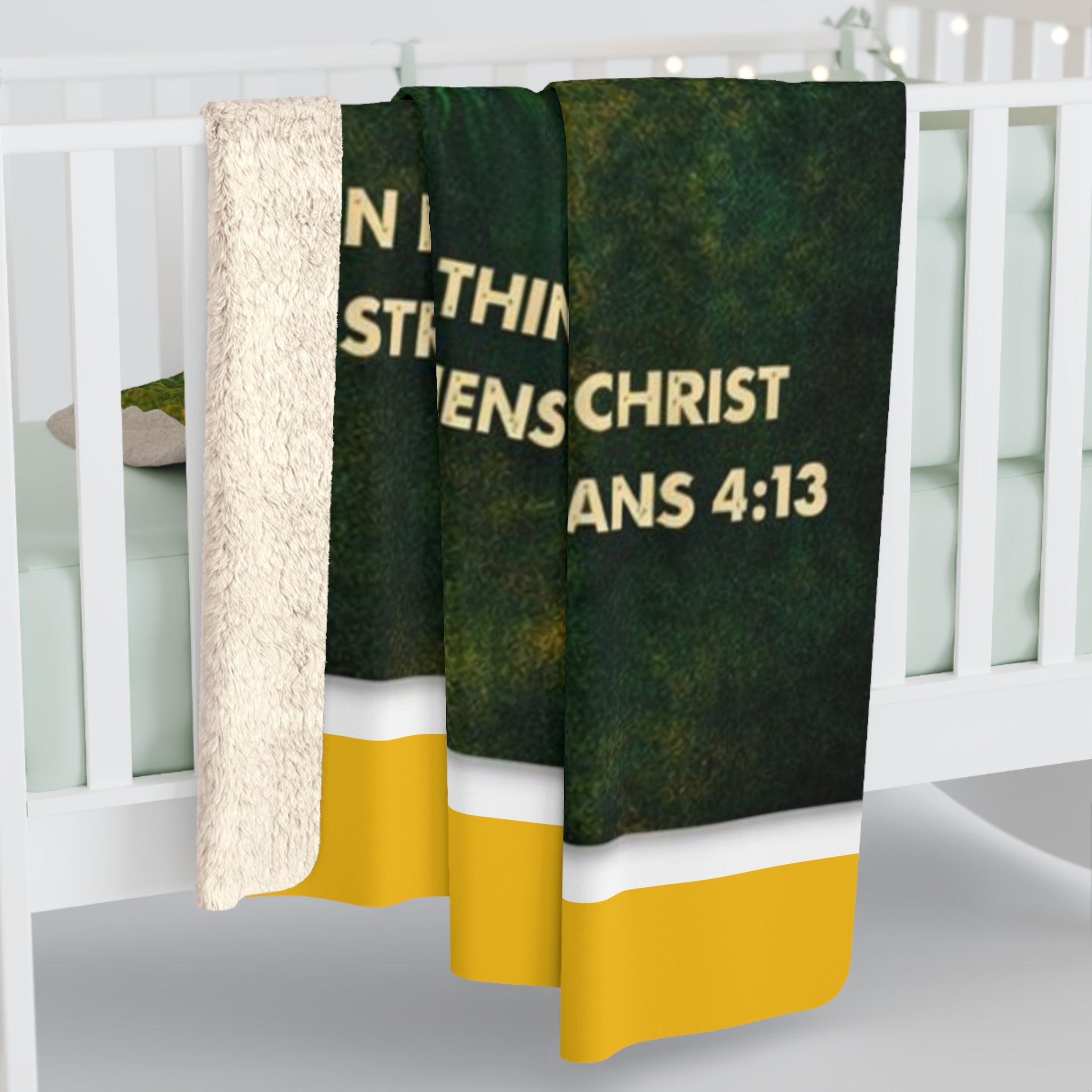 Christian Sherpa Football Blanket | Philippians 4:13 Scripture Throw | Green & Gold Faith-Inspired Blanket | Cozy Game Day Decor