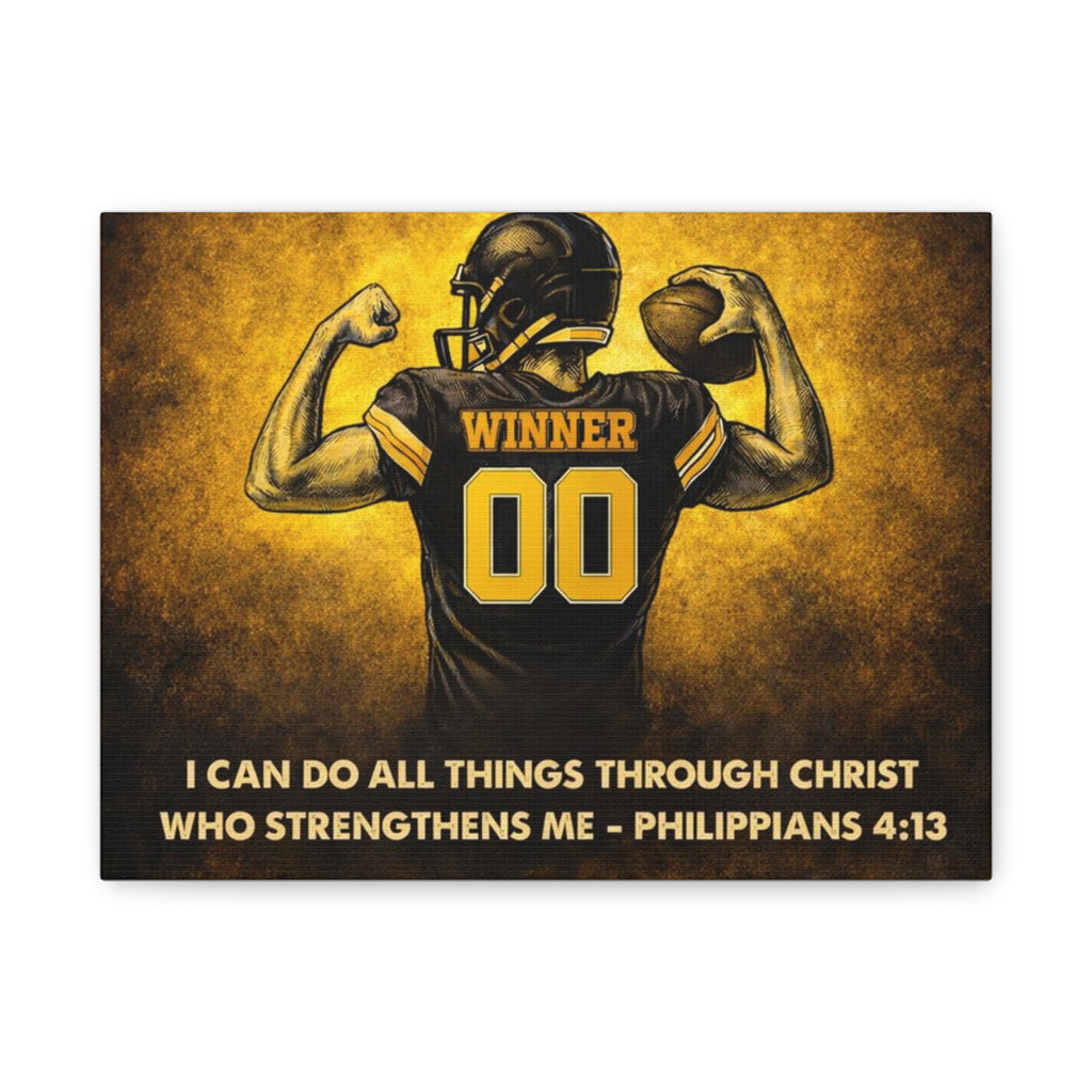 Christian Football Wall Art Canvas – Black & Gold Faith Decor | Philippians 4:13 Scripture | Midwest Football Home Art
