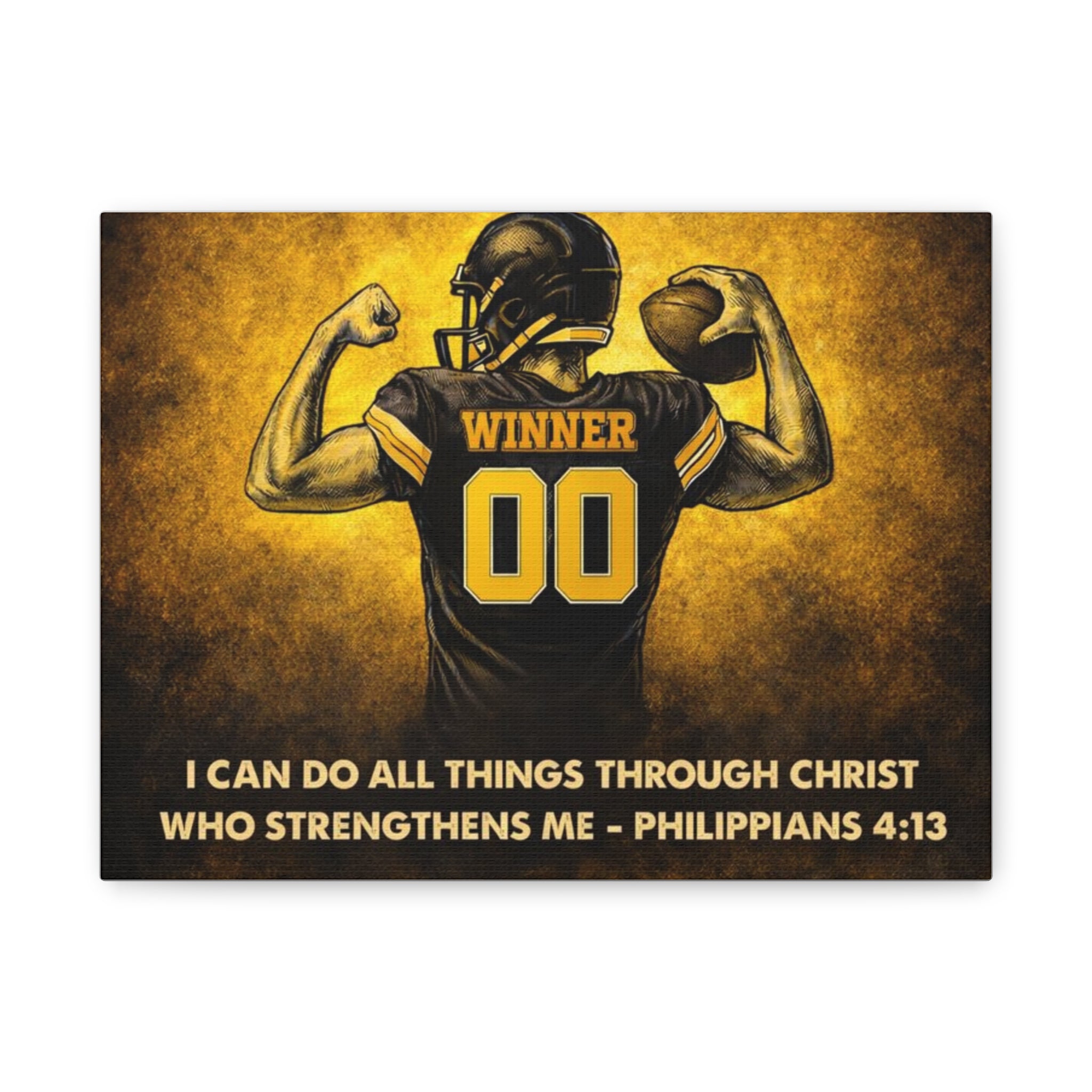 Christian Football Wall Art Canvas – Black & Gold Faith Decor | Philippians 4:13 Scripture | Midwest Football Home Art