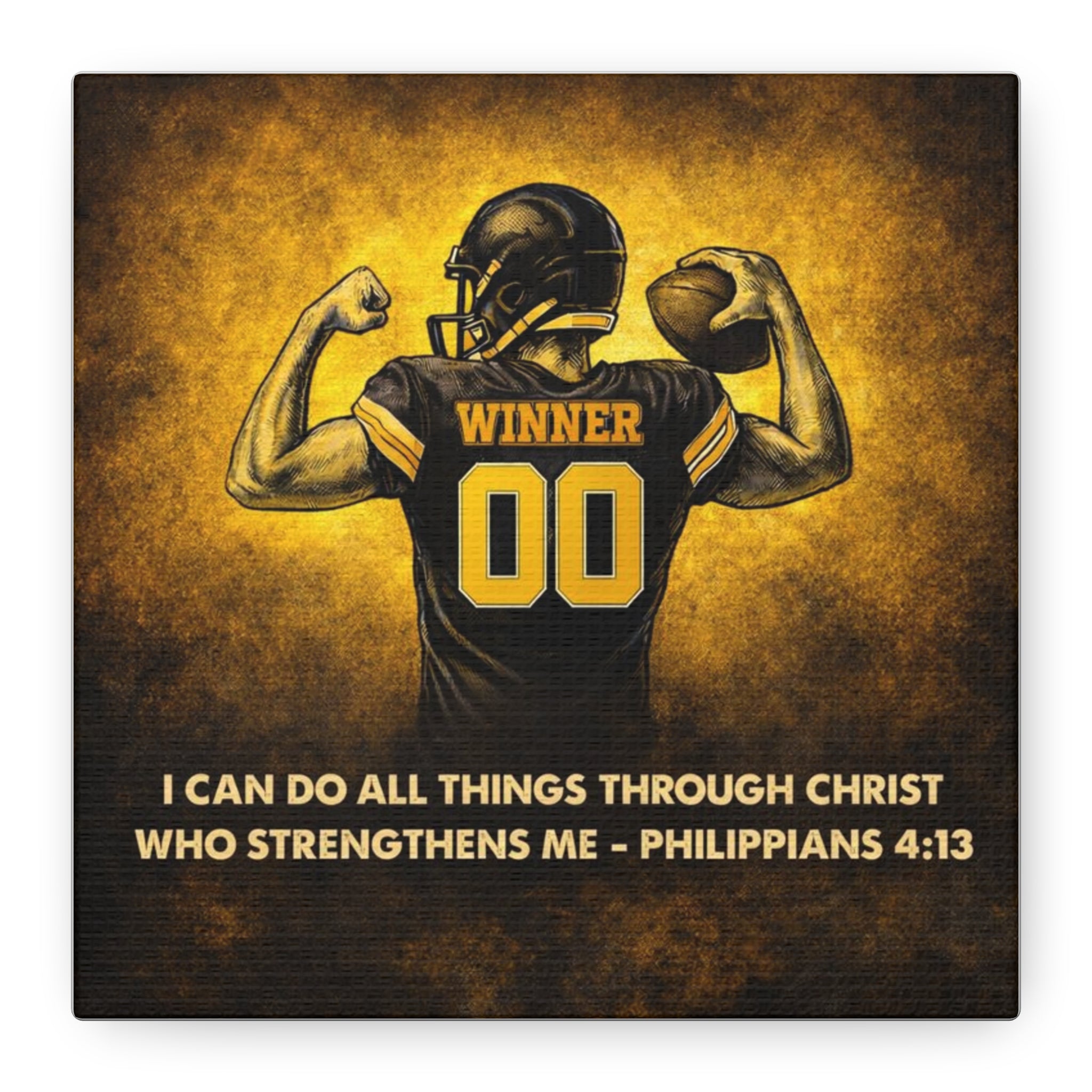 Christian Football Wall Art Canvas – Black & Gold Faith Decor | Philippians 4:13 Scripture | Midwest Football Home Art