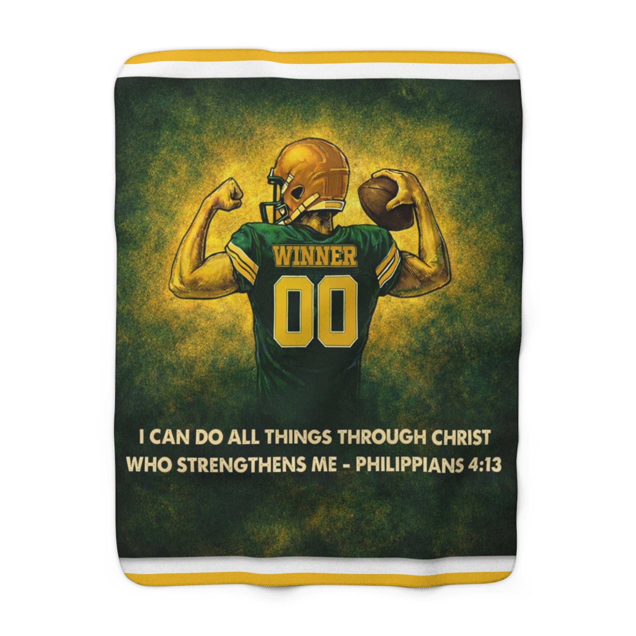 Christian Sherpa Football Blanket | Philippians 4:13 Scripture Throw | Green & Gold Faith-Inspired Blanket | Cozy Game Day Decor