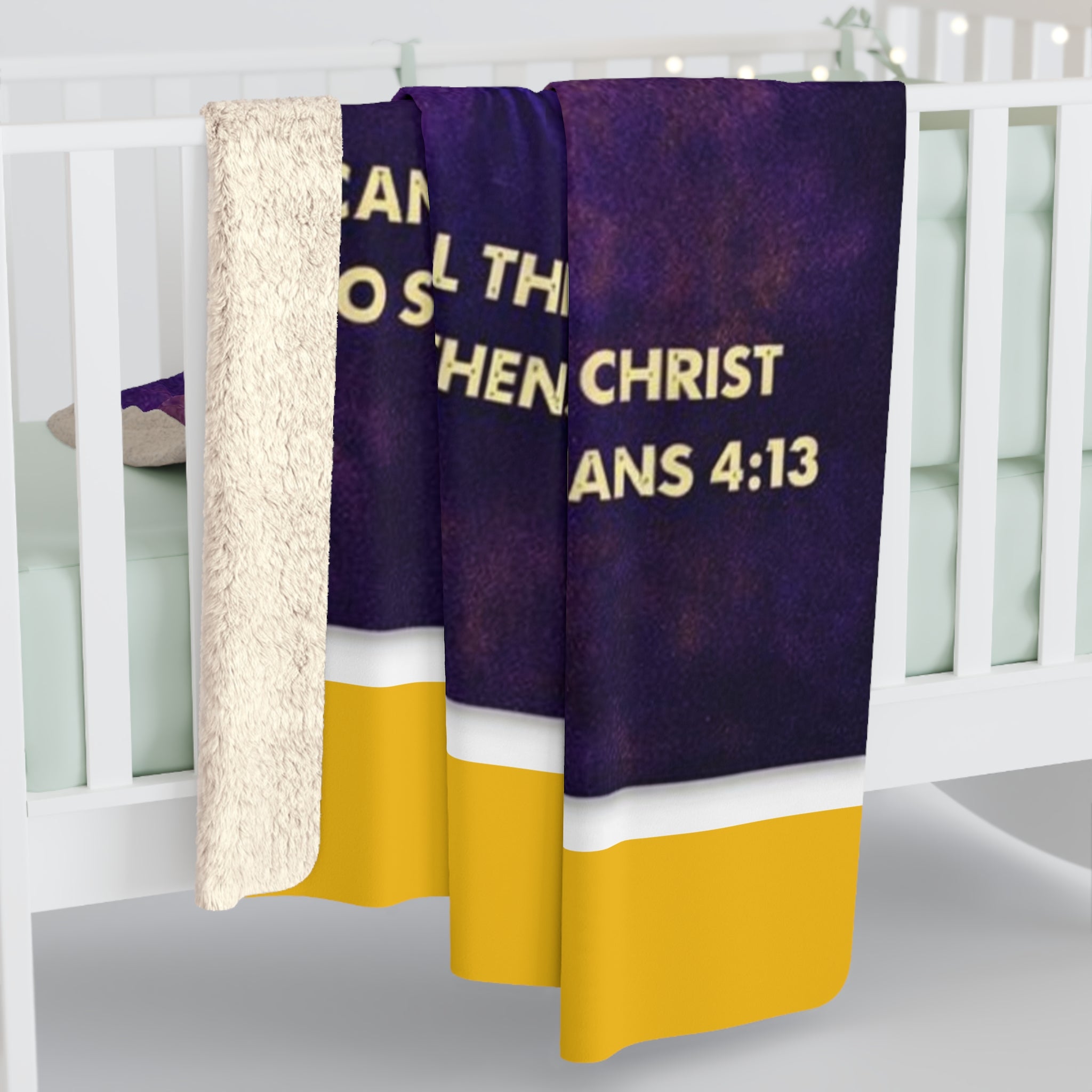 Christian Sherpa Football Blanket | Philippians 4:13 Scripture Throw | Purple & Gold Faith-Inspired Blanket | Cozy Game Day Décor